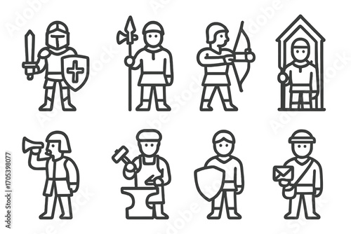 Castle Personnel Icons. Outline icon set of castle gate personnel: knight, guard, archer, sentry, herald, blacksmith, squire,
