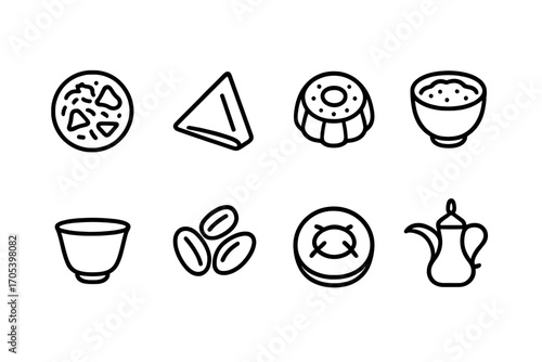 Qatari Wildlife and Cuisine Icons. Outline icon set of Qatari wildlife: Arabian oryx, Houbara bustard, Desert fox, Sand gazelle,