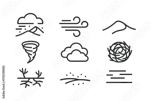 Dust Storm Icon Set. Outline icon set of dust storms and weather: desert storm, wind gust, sand dune, dust devil, cloudy sky,