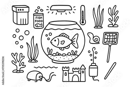 Aquarium Doodle Art. Hand-drawn doodle illustration family pet fish fishbowl, bubbles, fish, aquarium plants, water waves, filter,