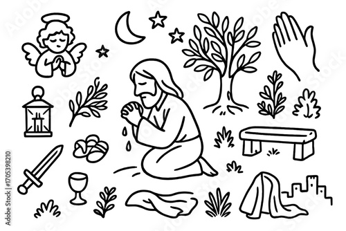 Night Prayer Illustration. Hand-drawn doodle illustration Night prayer at Gethsemane lantern, Jesus praying, olive tree, angel,
