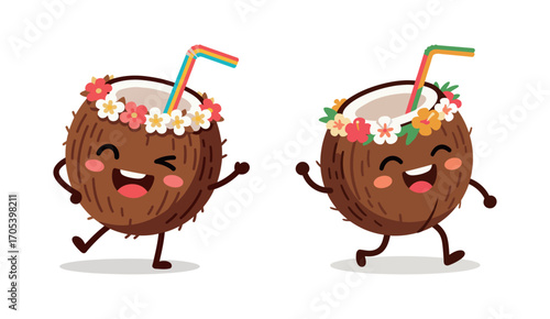 Pair of cute cartoon coconut characters with flowers. Tropical fruit mascot with a straw. Vector illustration isolated on a white background.