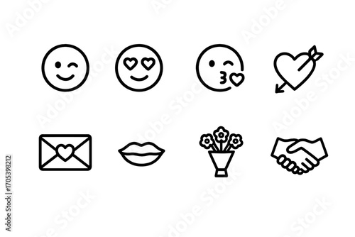 Flirt Icon Set. Outline icon set of flirt actions: winking face, heart eyes, blowing kiss, cupid arrow, love letter, smiling lips,