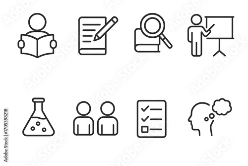 Educational and Literary Icons. Outline icon set of learning activities: reading, writing, researching, presenting, experimenting,