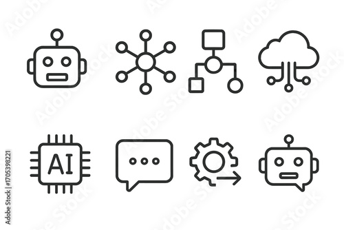 AI Icon Set. Outline icon set of artificial intelligence: robot head, neural network, algorithm, data cloud, AI chip, speech