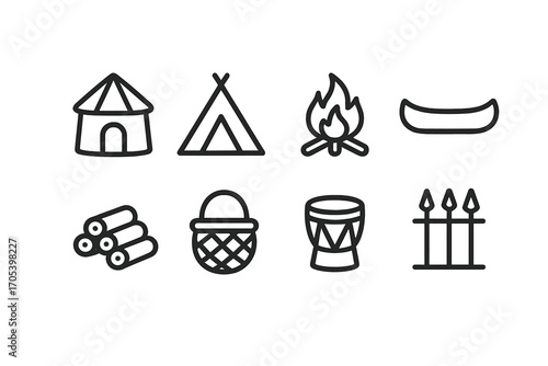 Tribal Housing Icons. Outline icon set of tribal housing: hut, tent, fire pit, canoe, wood pile, basket, drum, spear rack. Line