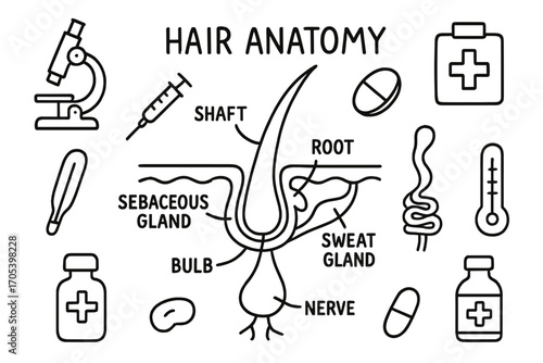 Hair Anatomy Doodles. Hand-drawn doodle illustration hair anatomy hair strand, hair follicle, scalp, sebaceous gland, sweat gland,