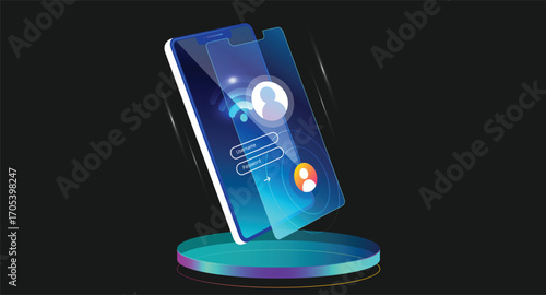 Design illustration of a futuristic mobile phone device with a sleek design and blue glow, presented as a mockup, symbolizing advanced technology, innovation, and modern communication tools.