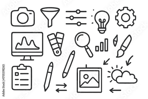 Creative Tool Icons. Hand-drawn doodle illustration filter preset camera, sliders, settings icon, computer screen, color palette,