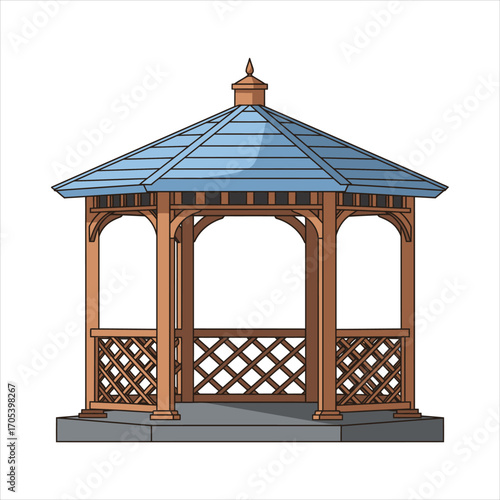 Wooden Gazebo with Blue Roof and Lattice Detailing.