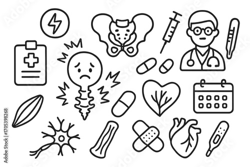 Coccyx Pain Symbols. Hand-drawn doodle illustration coccyx pain pain symbol, coccyx, pelvis, syringe, pill, clipboard, thermometer