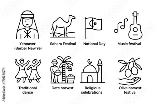 North African Icon Sets. Outline icon set of Algerian festivals: Yennayer (Berber New Year), Sahara Festival, National Day, Music