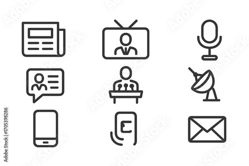 Political Communication Icons. Outline icon set of political communication: newspaper, TV screen, social media, radio microphone,