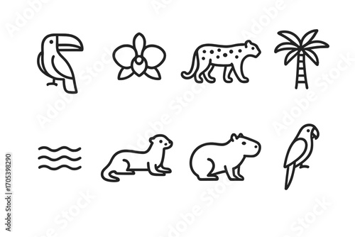 Venezuelan Wildlife Icons. Outline icon set of Venezuelan nature and wildlife: toucan, orchid, jaguar, palm tree, river, giant