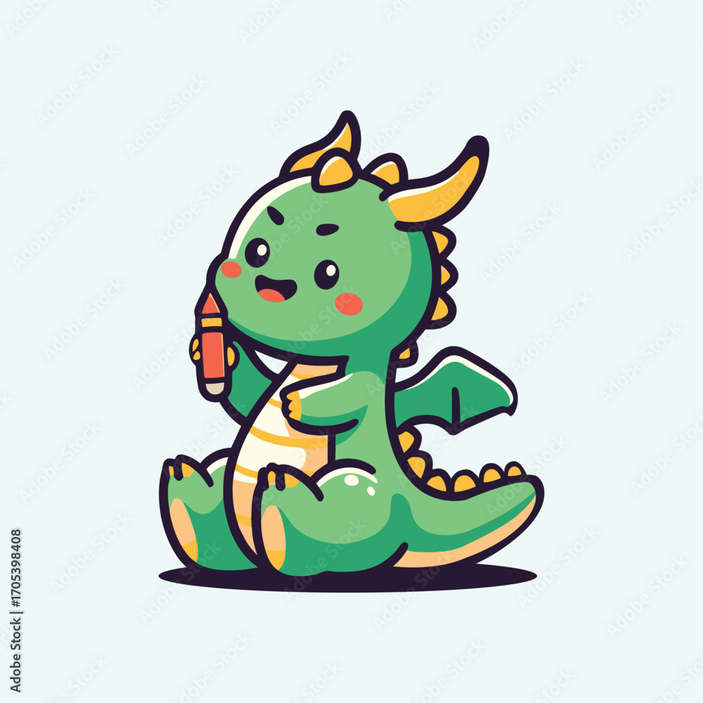 Obraz premium Adorable green dragon illustration in flat cartoon style with small yellow accents, perfect for fantasy, kids, and creative projects