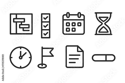Project Management Icons. Outline icon set of project scheduling and deadlines: Gantt chart, checklist, calendar, hourglass, clock