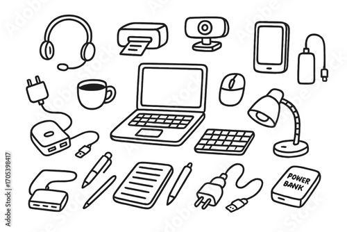 Portable Office Essentials. Hand-drawn doodle illustration Portable home office appliances laptop, wireless mouse, keyboard,