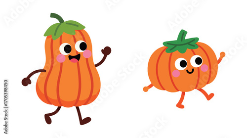 Pair of cute cartoon pumpkin characters. Happy gourd mascot for Halloween and Thanksgiving. Vector illustration isolated on a white background.
