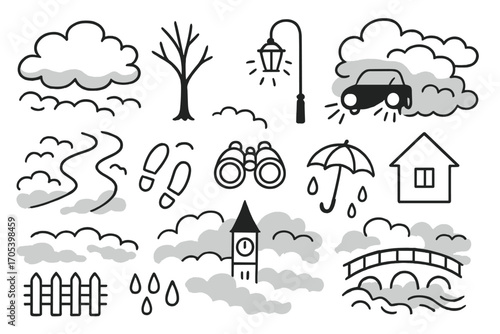 Foggy Doodle Scene. Hand-drawn doodle illustration fog fog cloud, tree silhouette, street lamp, car headlights, footprints,