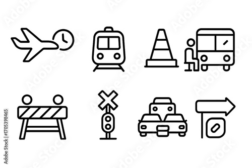 Transportation and Medical Delays. Outline icon set of transportation delays: delayed airplane, stopped train, traffic cone, bus