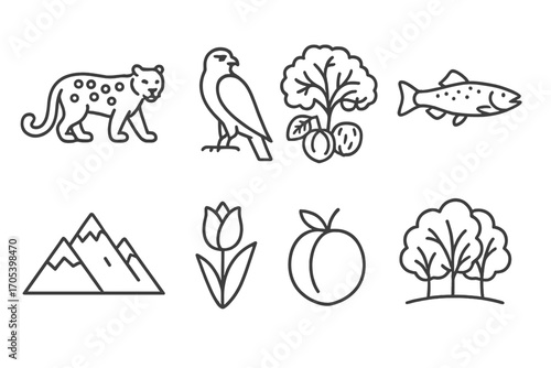 Tajik Nature Icons. Outline icon set of Tajik nature and wildlife: snow leopard, falcon, walnut tree, river trout, mountain peaks,