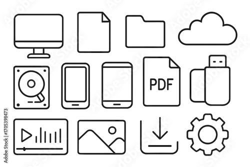 Digital Storage Icons. Hand-drawn doodle illustration digital format computer monitor, file icon, folder, cloud storage, USB drive