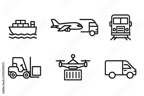 Customs Transport Icons. Outline icon set of customs transport: cargo ship, airplane, truck, train, forklift, drone, shipping