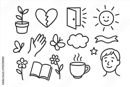Healing and Hope Icons. Hand-drawn doodle illustration healing from estrangement growing plant, mended heart, open door, light