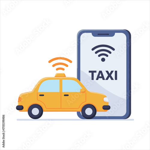 Yellow Taxi Cab with Phone Displaying Wireless Taxi Service.