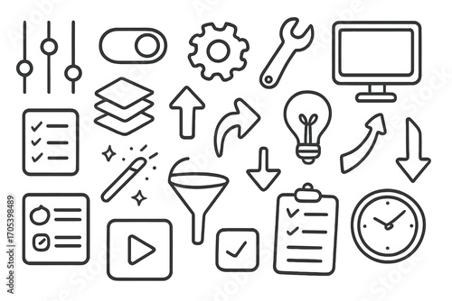 Tech Doodle Icons. Hand-drawn doodle illustration control preset sliders, toggle switch, gear, wrench, computer screen, layers