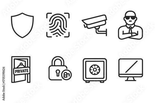 Icon Sets_ Security, Lighting. Outline icon set of VIP security and privacy: shield, fingerprint scanner, security camera,