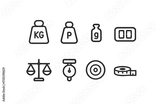 Weighing Tools Icons. Outline icon set of weighing tools and units: kilogram weight, pound weight, ounce weight, digital readout,