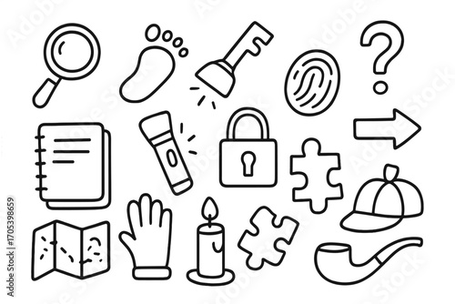 Detective Tools Doodle. Hand-drawn doodle illustration clue magnifying glass, footprint, key, question mark, notebook, flashlight,