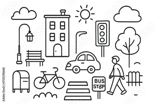 Urban Doodle Illustration. Hand-drawn doodle illustration urban setting building, street lamp, bench, car, traffic light, bus stop