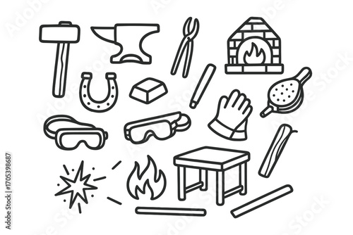 Blacksmith Tools Doodle. Hand-drawn doodle illustration blacksmith hammer, anvil, tongs, forge, horseshoe, metal ingot, bellows,