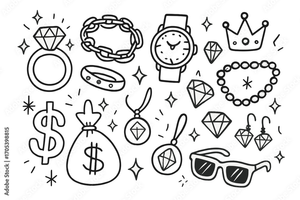 Fototapeta premium Extravagant Jewelry Doodle. Hand-drawn doodle illustration extravagant bling diamond ring, gold chain, watch, sparkling necklace,
