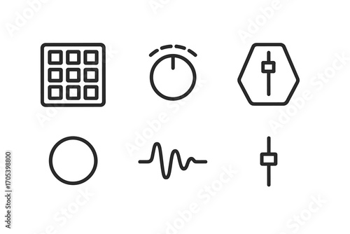 Rhythm Production Icons. Outline icon set of rhythm production: drum pad, volume knob, tempo control, play button, record button,
