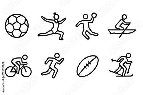 Romanian Sports Icons. Outline icon set of Romanian sports: football ball, gymnastics, handball, rowing, cycling, athletics, rugby