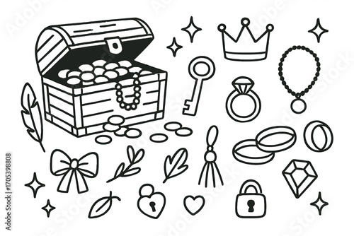 Silver Treasure Doodles. Hand-drawn doodle illustration silver treasures treasure chest, silver coins, crown, necklace, ring,