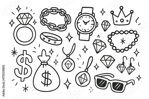 Extravagant Jewelry Doodle. Hand-drawn doodle illustration extravagant bling diamond ring, gold chain, watch, sparkling necklace,