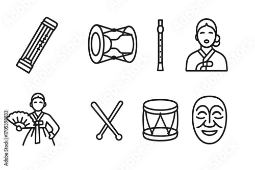 Korean Music Icon Set. Outline icon set of Korean music and instruments: gayageum string instrument, janggu drum, piri flute,