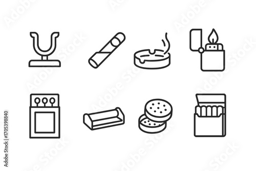 Smoking Accessories Icons. Outline icon set of smoking accessories: pipe stand, cigar holder, ashtray with cigarette, lighter with