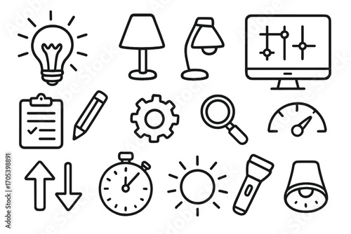 Lighting Doodle Icons. Hand-drawn doodle illustration lighting preset light bulb, lamp, sliders, settings icon, computer screen,