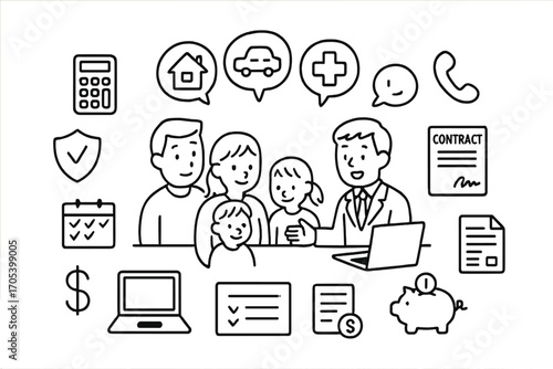 Family Insurance Icons. Hand-drawn doodle illustration Family insurance consultation family members, contract, calculator, speech