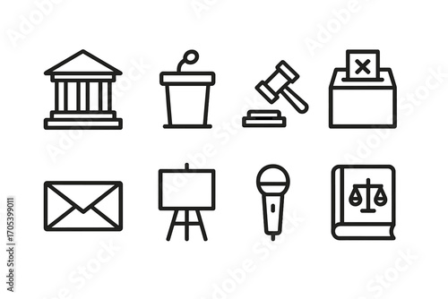 Official Declaration Icon Set. Outline icon set of official declaration objects: government building, podium, gavel, ballot box,