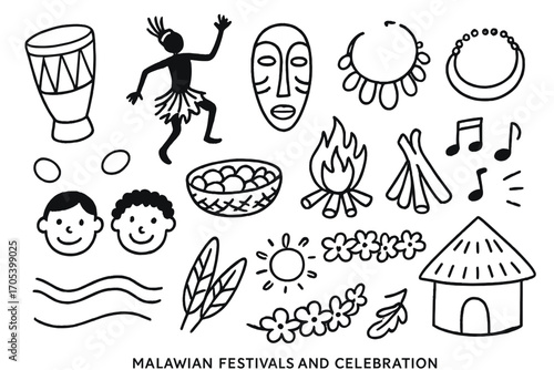 Malawian Festival Doodle. Hand-drawn doodle illustration Malawian festivals and celebration drum, dancer, mask, fire, necklace,
