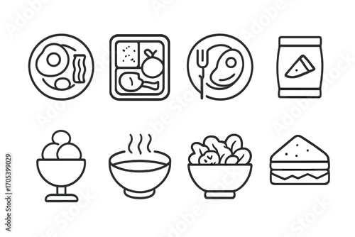 Meal Type Icons. Outline icon set of meal types: breakfast plate, lunch box, dinner plate, snack, dessert bowl, soup bowl, salad