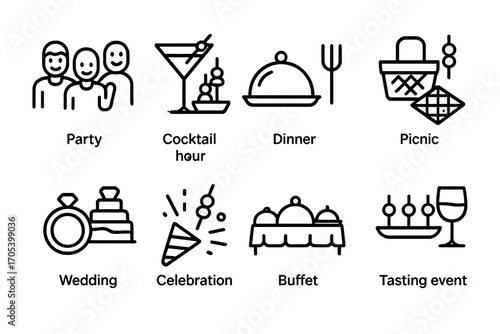 Appetizer Occasion Icons. Outline icon set of appetizer occasions: party, cocktail hour, dinner, picnic, wedding, celebration,
