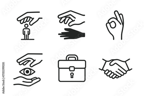 Hidden Hand Icons. Outline icon set of hidden hand actions: manipulation, shadow, hand gesture, puppet strings, eye watching,