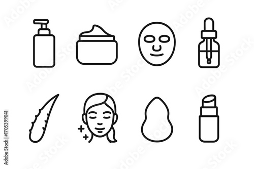 Skincare Icon Set. Outline icon set of smooth texture in skincare: lotion bottle, moisturizer jar, face mask, serum dropper, aloe